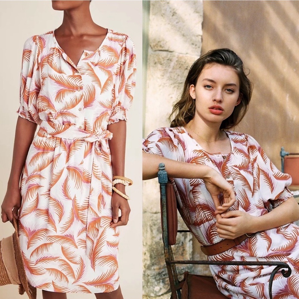 Anthropologie Nicole Puff Sleeve Dress Shirtdress Button-Down Tropical Bohemian